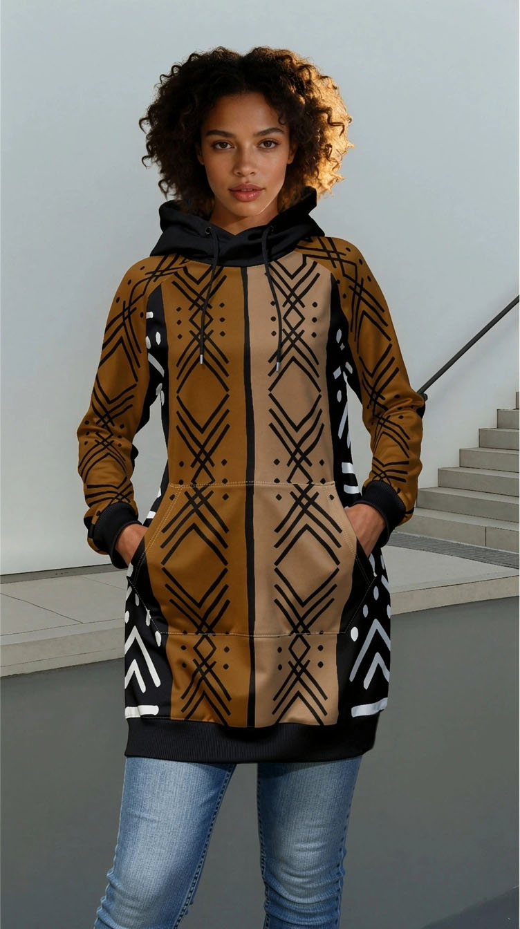 African Mud Cloth Bogolan Inspired Printed Long Style Pullover Hoodie - Not Actual Mud Cloth Material