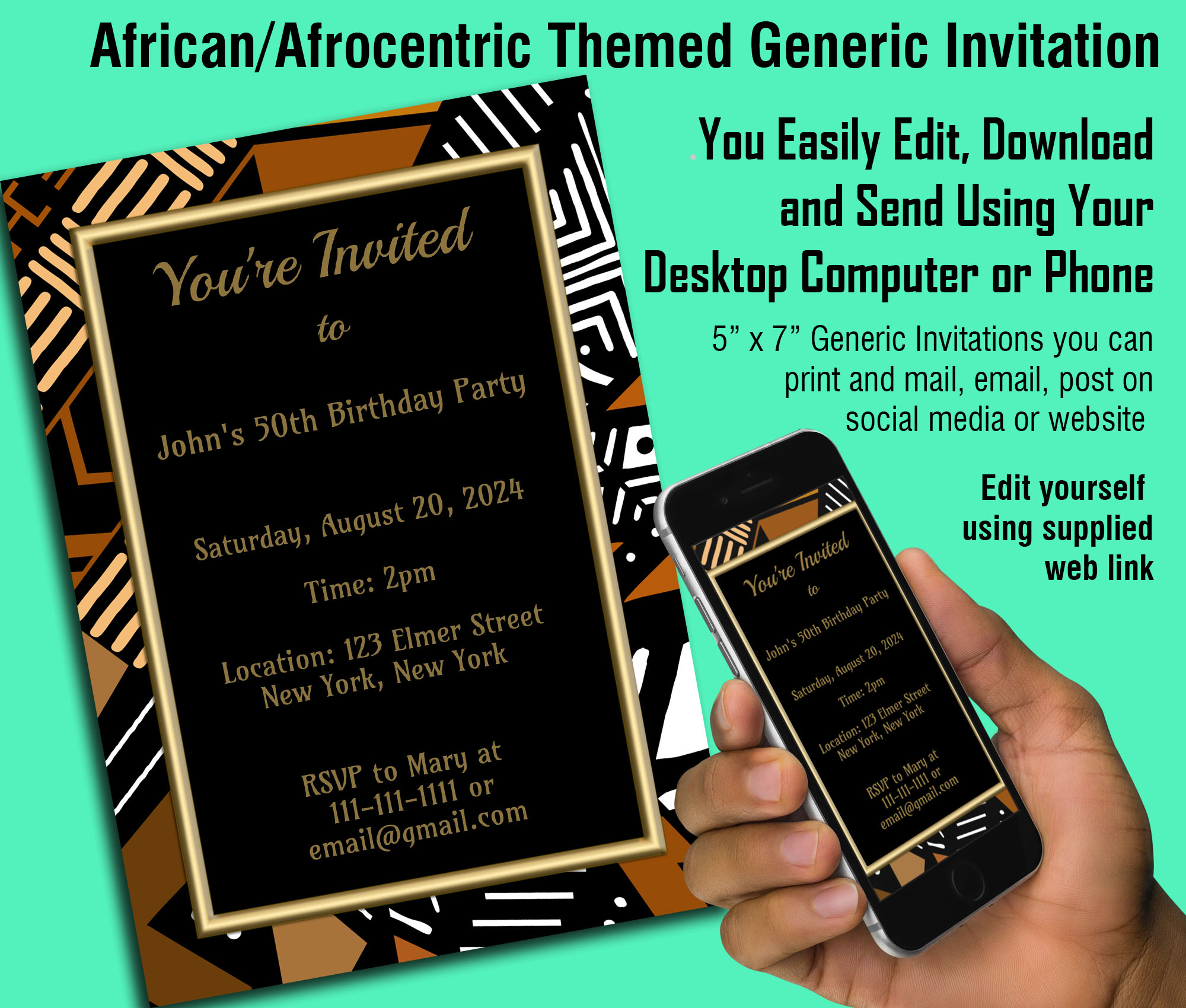 African / Afrocentric Downloadable Digital Generic Invitation - Edit Yourself!