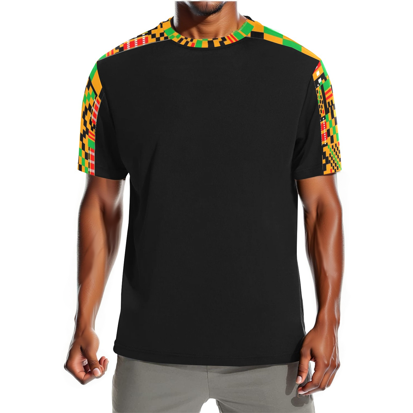 Afrocentric Black T-Shirt with Printed African Kente Cloth Sleeves - Not Actual Kente Cloth Material
