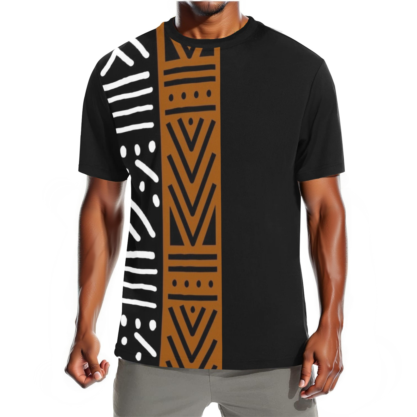 Men's Afrocentric Black T-Shirt with Printed African Mud Cloth Design - Not Actual Mud Cloth Material