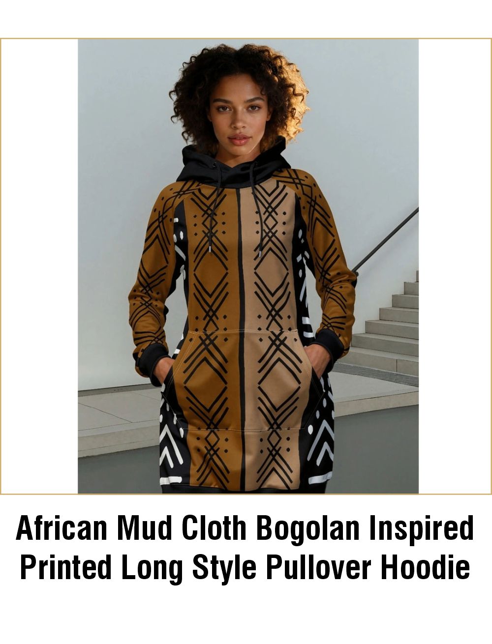 African Mud Cloth Bogolan Inspired Printed Long Style Pullover Hoodie - Not Actual Mud Cloth Material