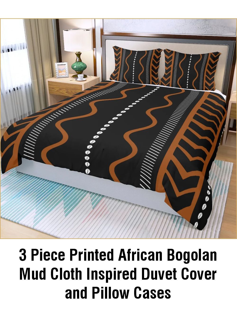 3 Piece Printed African Bogolan Mud Cloth Inspired Duvet Cover and Pillow Cases - Not Mud Cloth Material