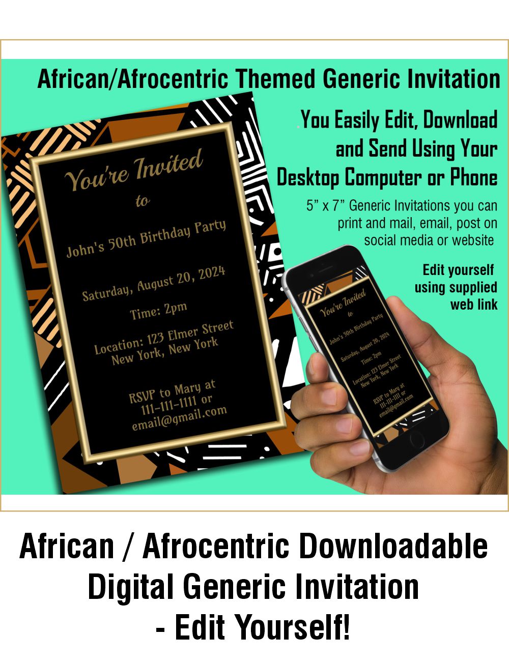 African / Afrocentric Downloadable Digital Generic Invitation - Edit Yourself!