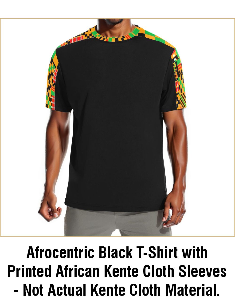 Afrocentric Black T-Shirt with Printed African Kente Cloth Sleeves - Not Actual Kente Cloth Material