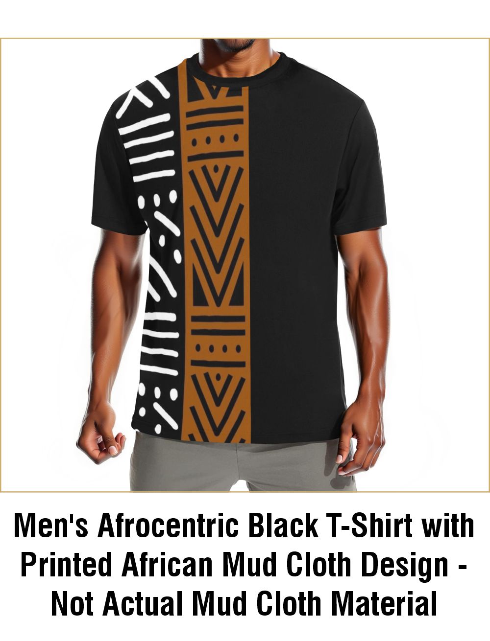 Men's Afrocentric Black T-Shirt with Printed African Mud Cloth Design - Not Actual Mud Cloth Material