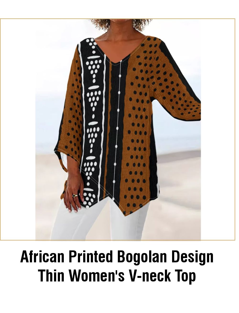 African Printed Bogolan Design Thin Women's V-neck Top - Not Mud Cloth Material