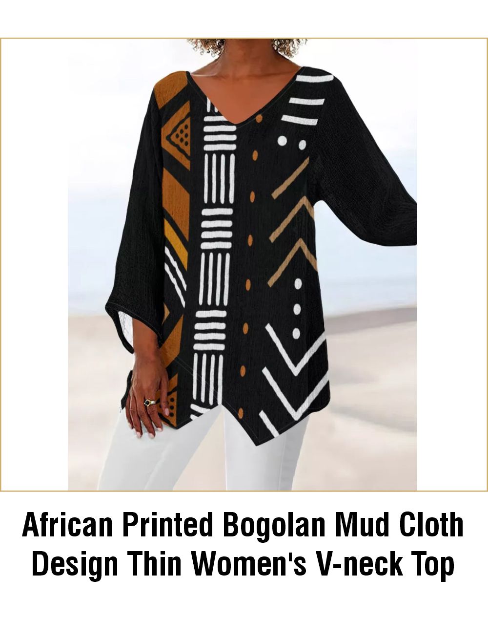 African Printed Bogolan Mud Cloth Design Thin Women's V-neck Top - Not Mud Cloth Material