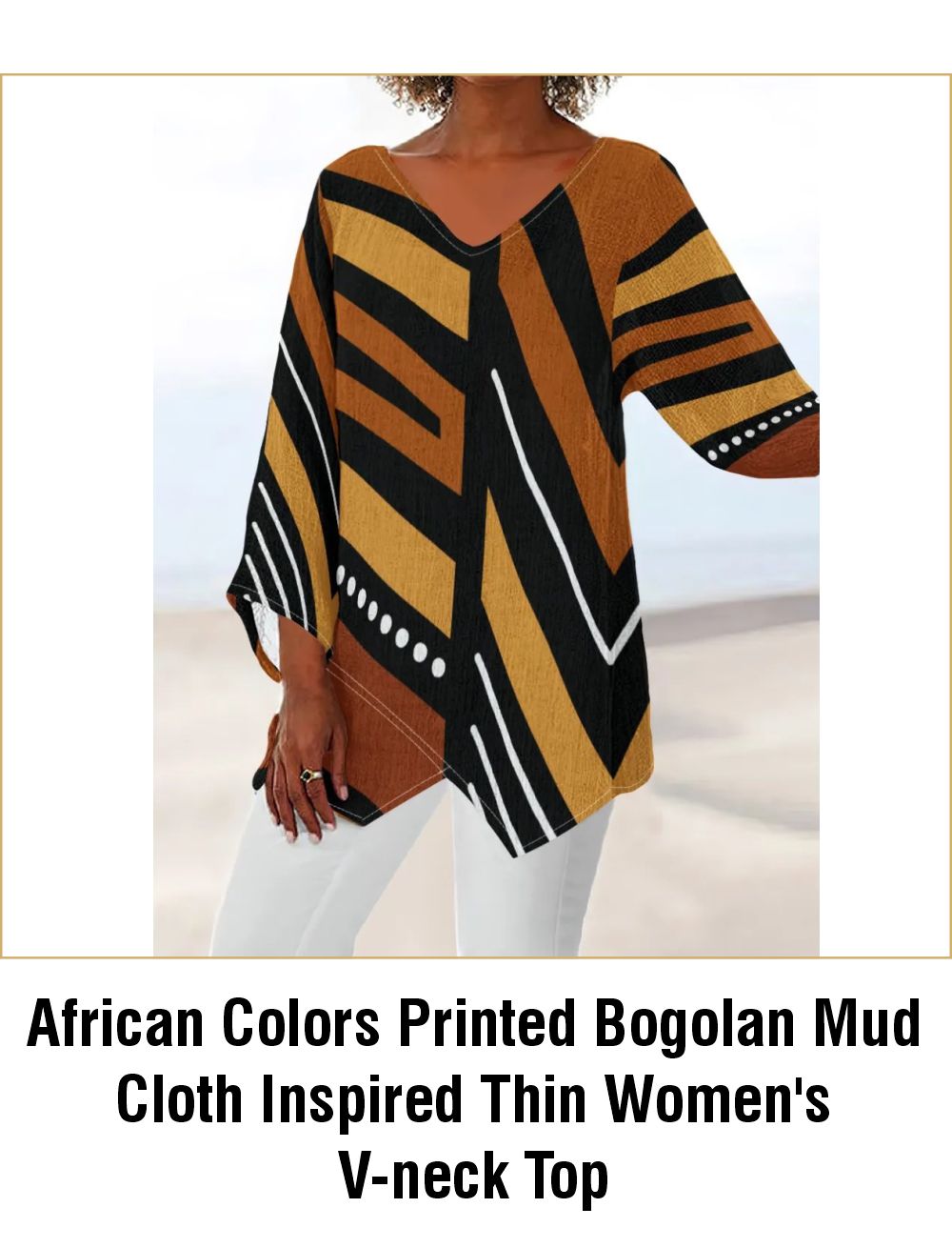 African Colors Printed Bogolan Mud Cloth Inspired Thin Women's V-neck Top - Not Mud Cloth Material