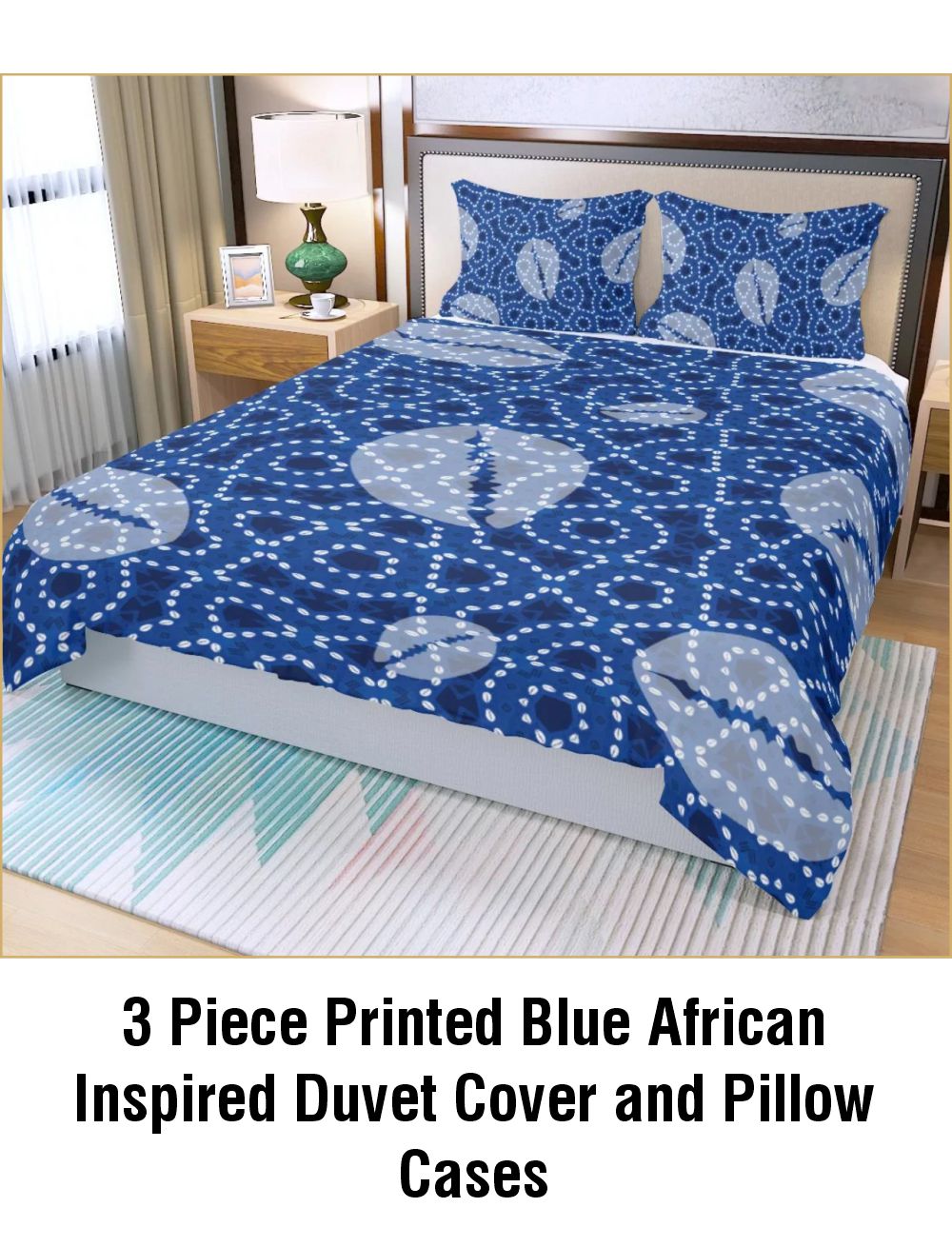 3 Piece Printed Blue African Inspired Duvet Cover and Pillow Cases