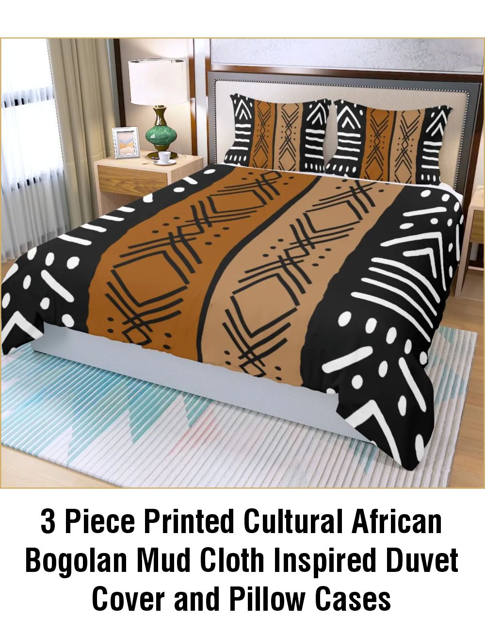 3 Piece Printed Cultural African Bogolan Mud Cloth Inspired Duvet Cover and Pillow Cases - Not Mud Cloth Material