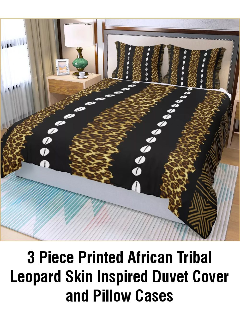 3 Piece Printed African Tribal Leopard Skin Inspired Duvet Cover and Pillow Cases