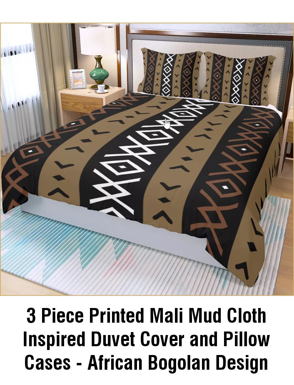 3 Piece Printed Mali Mud Cloth Inspired Duvet Cover and Pillow Cases - African Bogolan Design - Not Mud Cloth Material