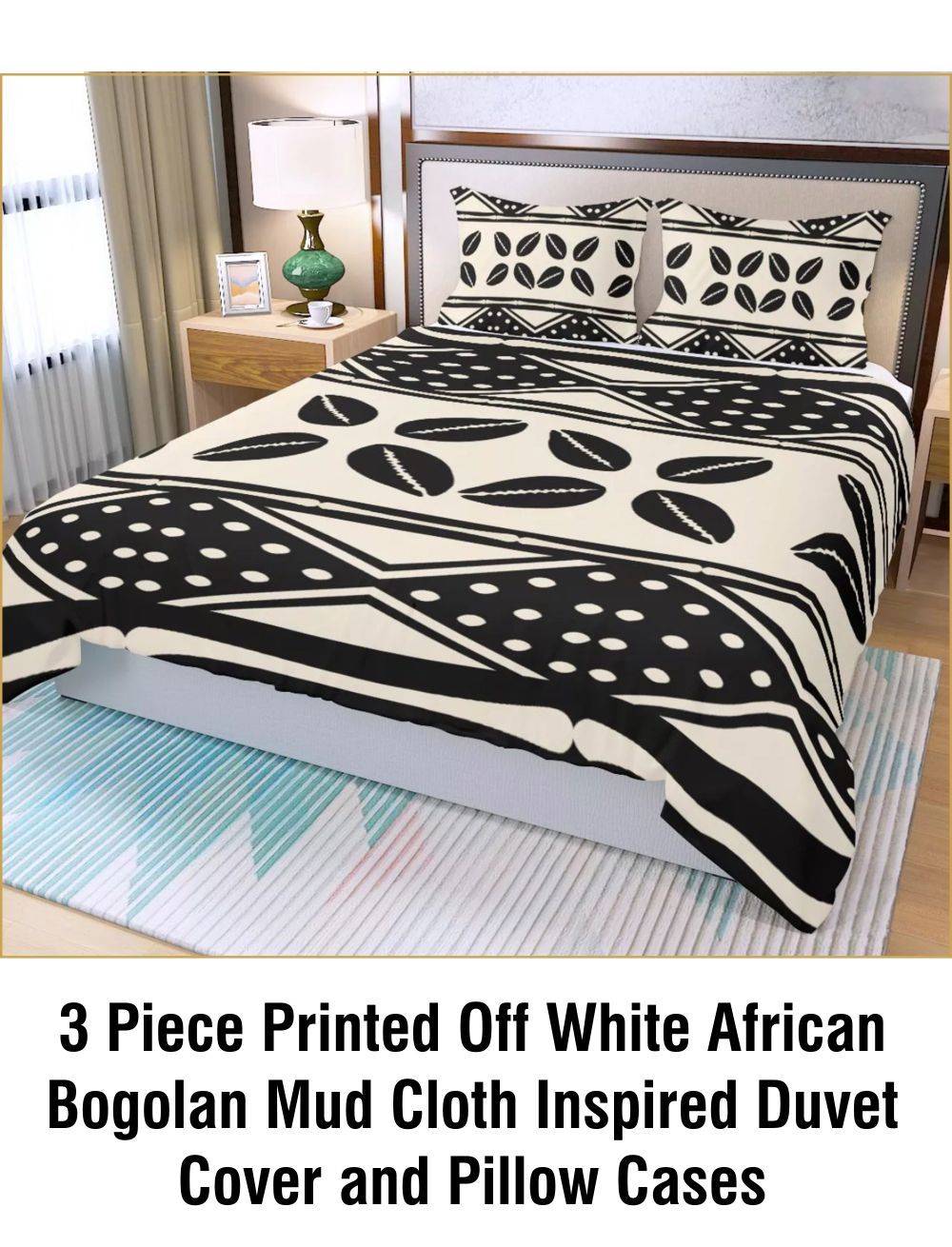 3 Piece Printed Off White African Bogolan Mud Cloth Inspired Duvet Cover and Pillow Cases - Not Mud Cloth Material