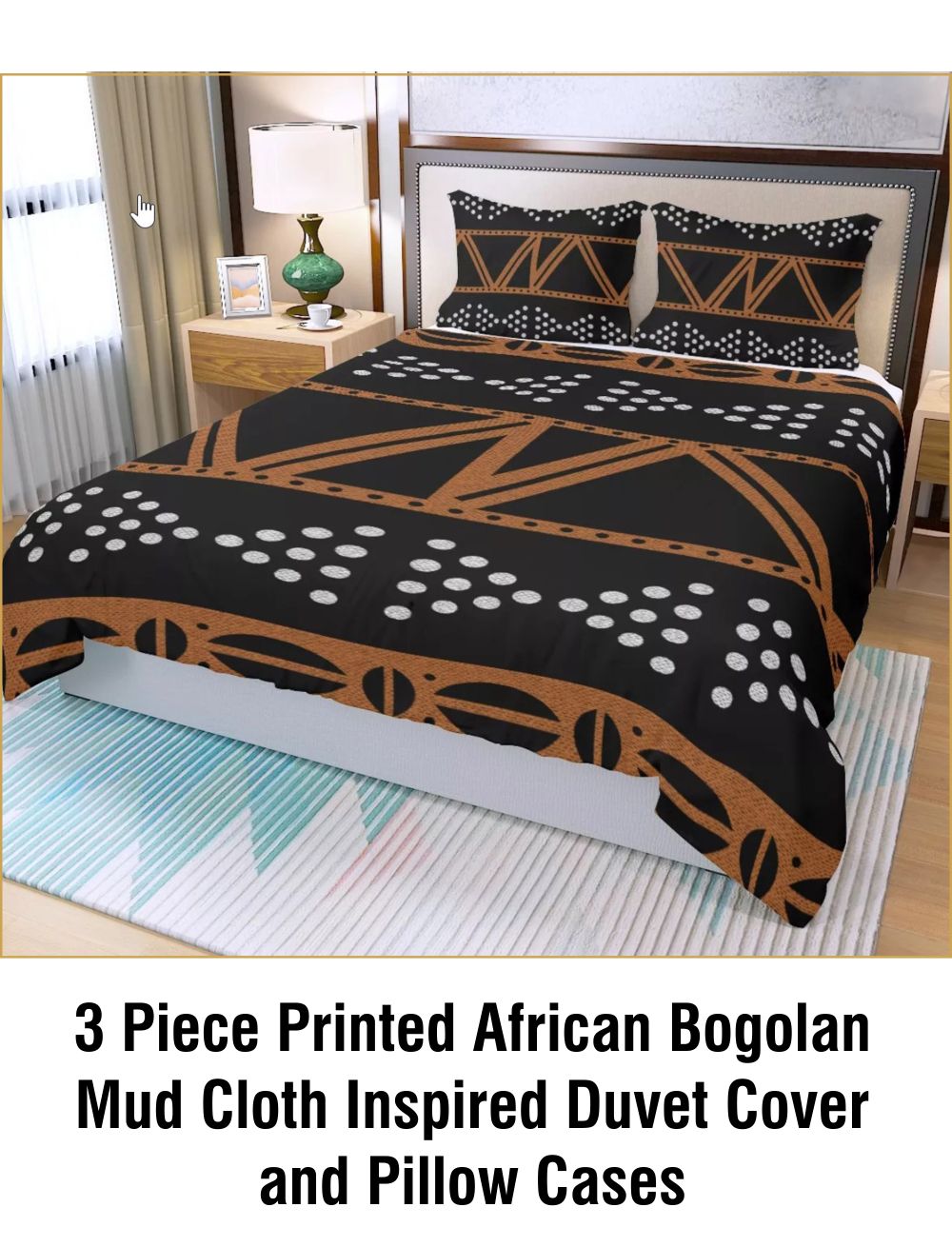 3 Piece Printed African Bogolan Mud Cloth Inspired Duvet Cover and Pillow Cases - Not Mud Cloth Material