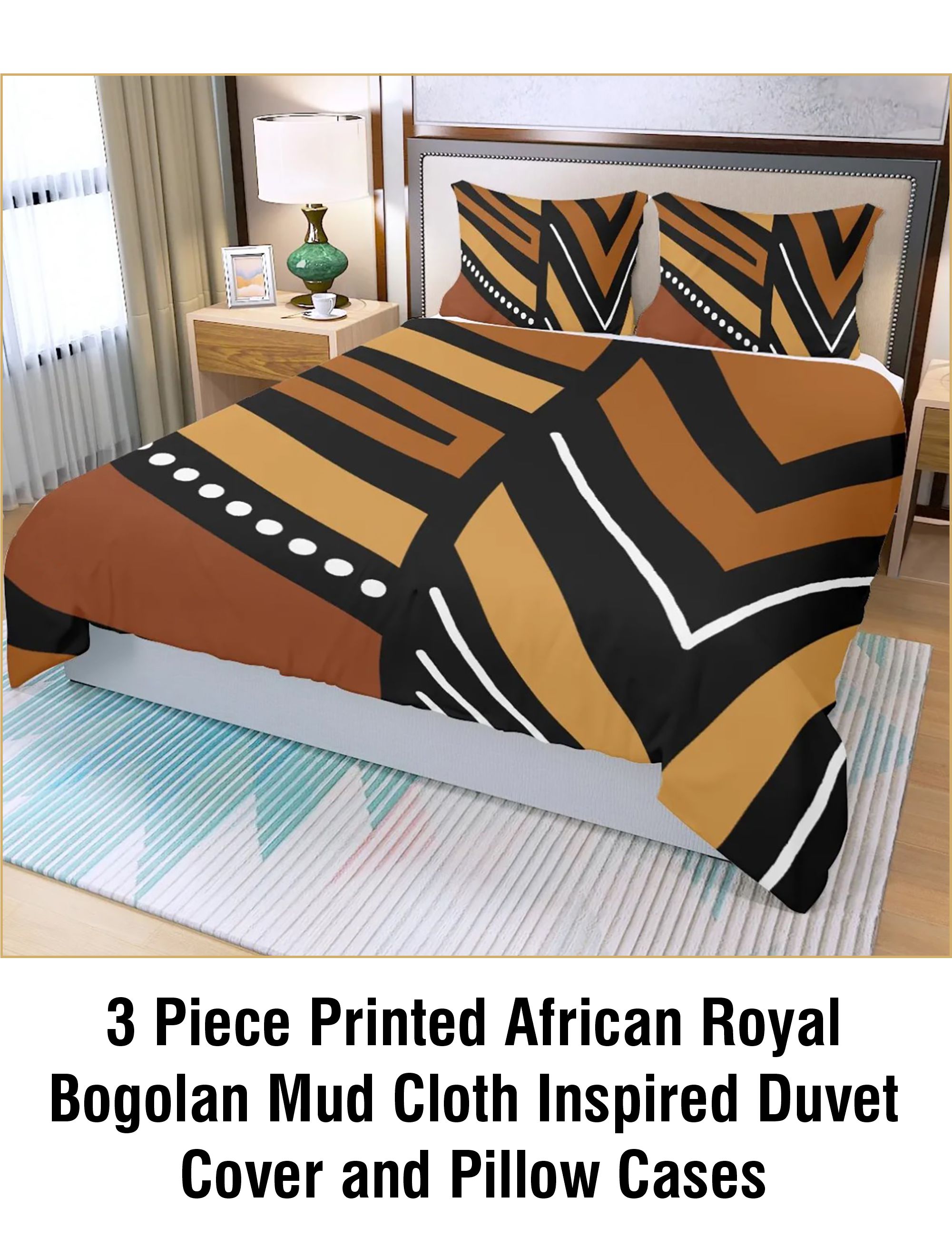3 Piece Printed African Royal Bogolan Mud Cloth Inspired Duvet Cover and Pillow Cases - Not Mud Cloth Material