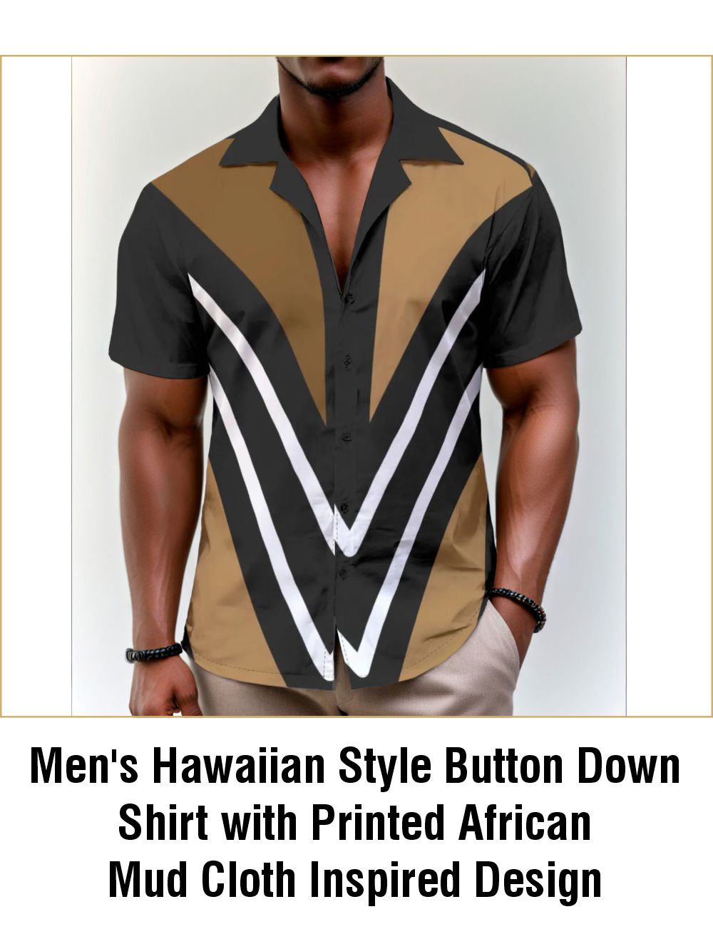 Men's Hawaiian Style Button Down Shirt with Printed African Mud Cloth Inspired Design