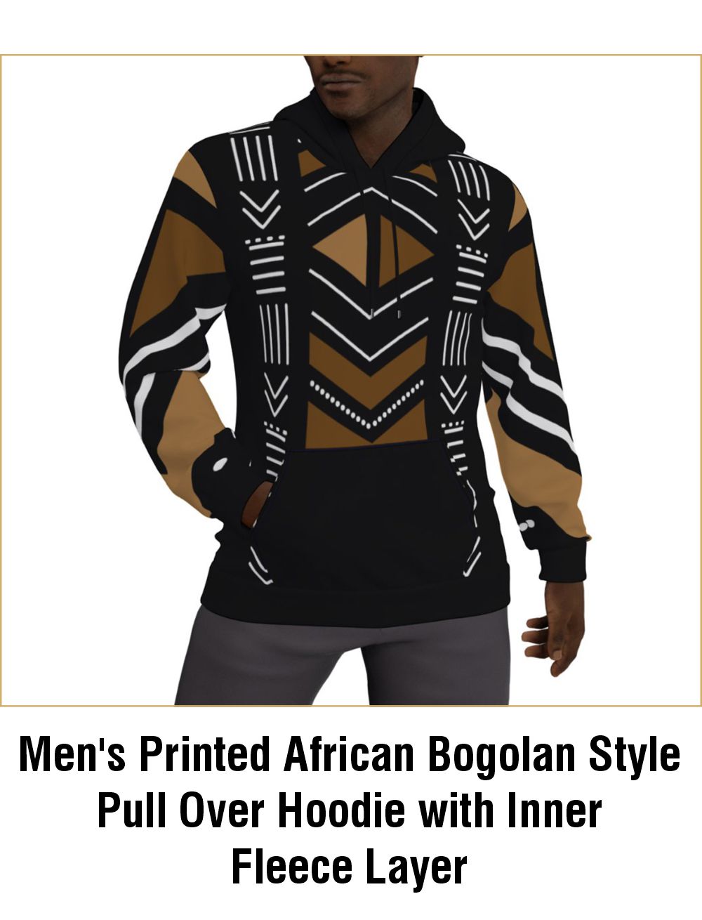 Men's Printed African Bogolan Style Pull Over Hoodie with Inner Fleece Layer - Not Mud Cloth Material