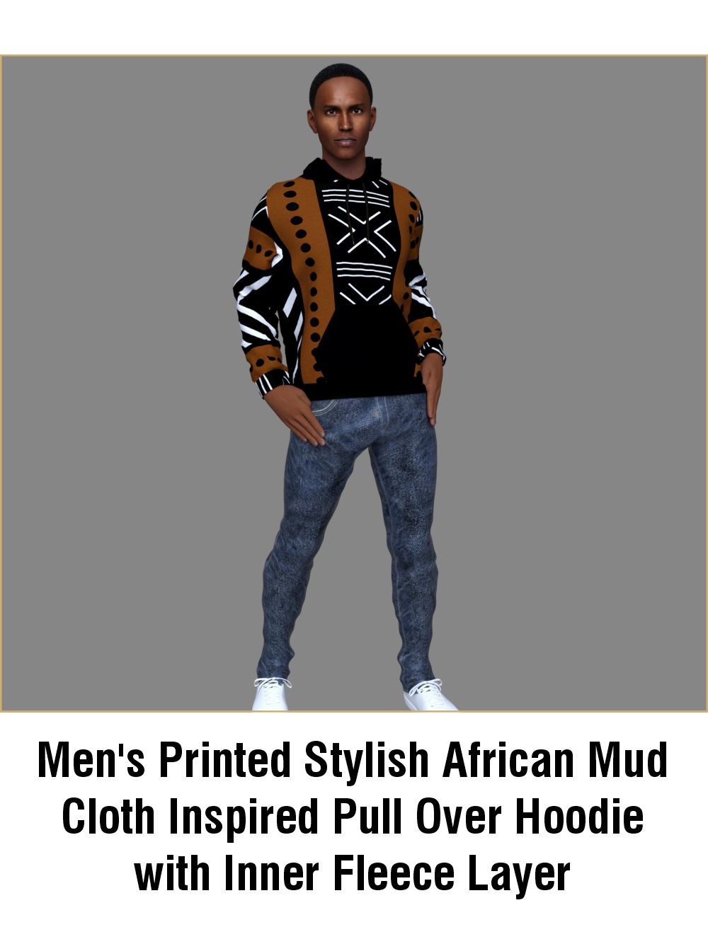 Men's Printed Stylish African Mud Cloth Inspired Pull Over Hoodie with Inner Fleece Layer - Not Mud Cloth Material