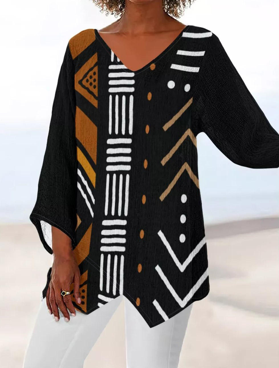 African Printed Bogolan Mud Cloth Design Thin Women's V-neck Top - Not Mud Cloth Material