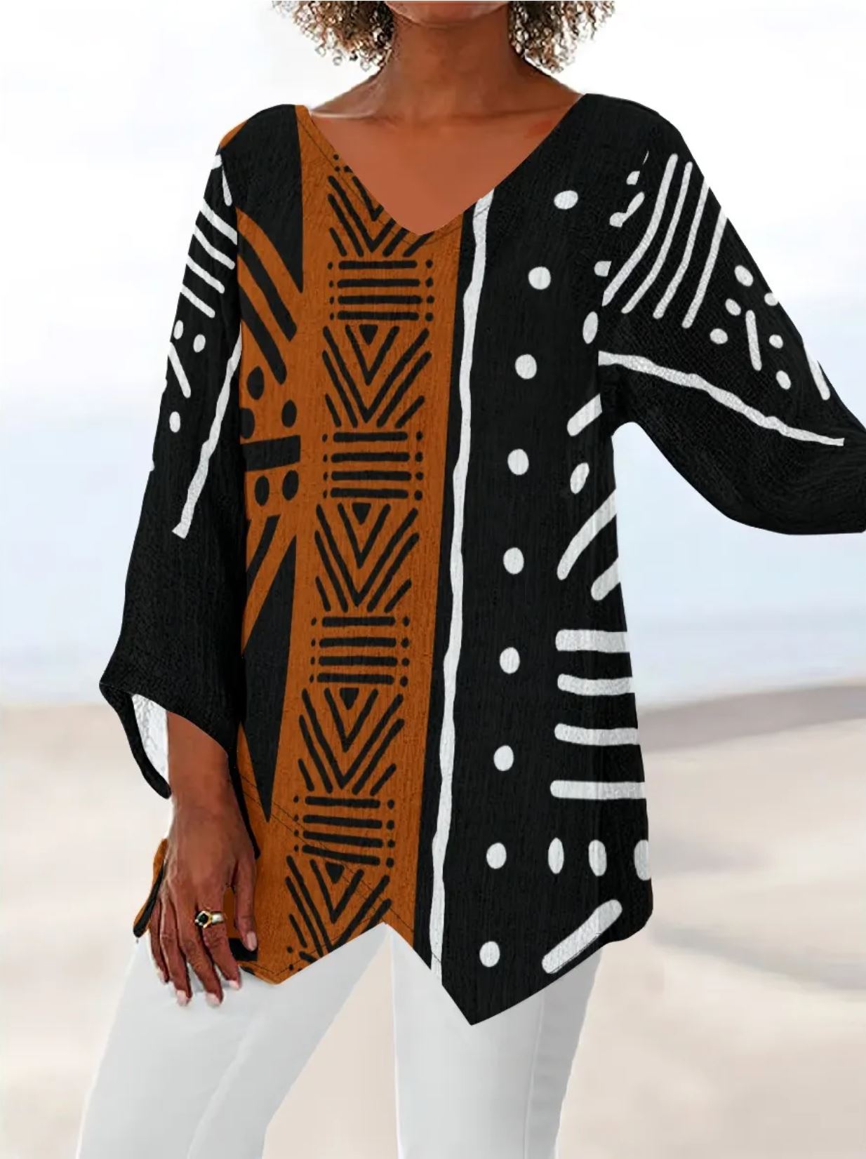 African Printed Bogolan Mud Cloth Beautiful Design Thin Women's V-neck Top - Not Mud Cloth Material