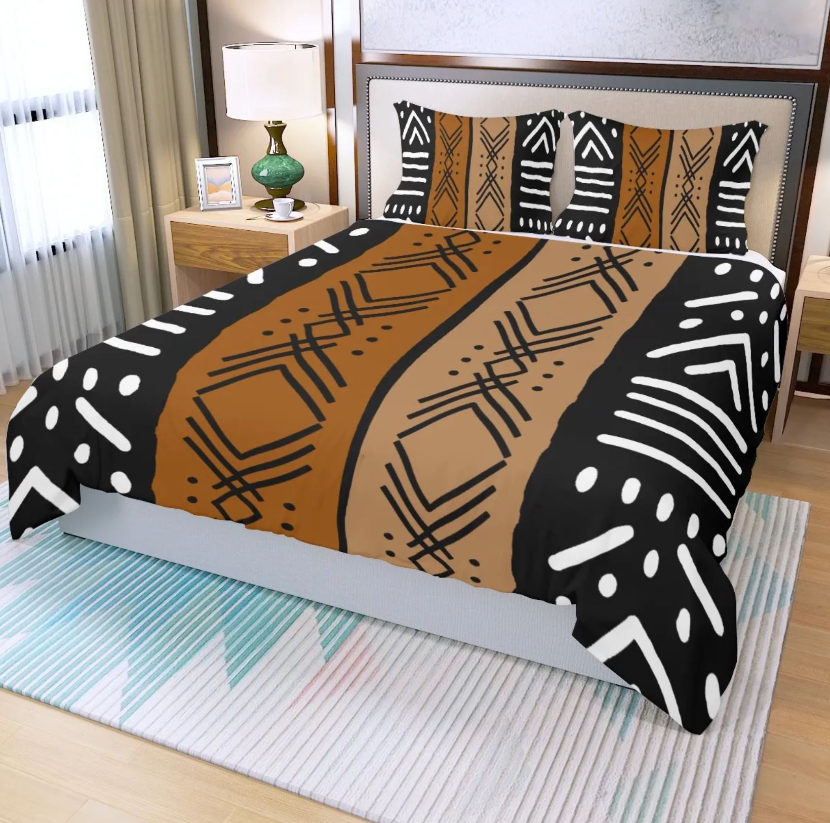 3 Piece Printed Cultural African Bogolan Mud Cloth Inspired Duvet Cover and Pillow Cases - Not Mud Cloth Material