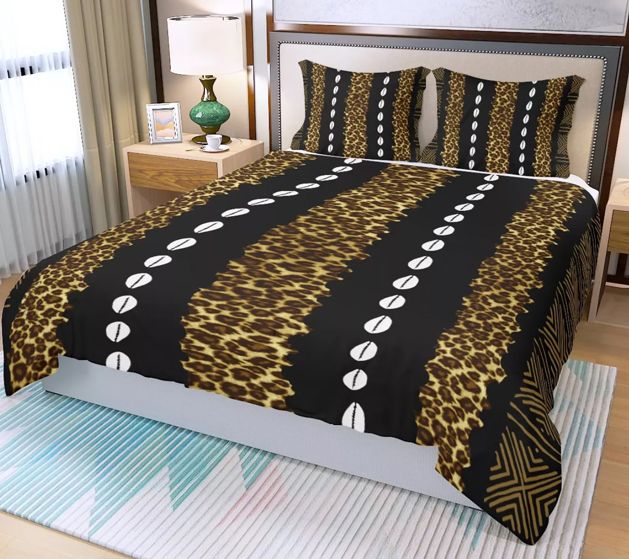3 Piece Printed African Tribal Leopard Skin Inspired Duvet Cover and Pillow Cases