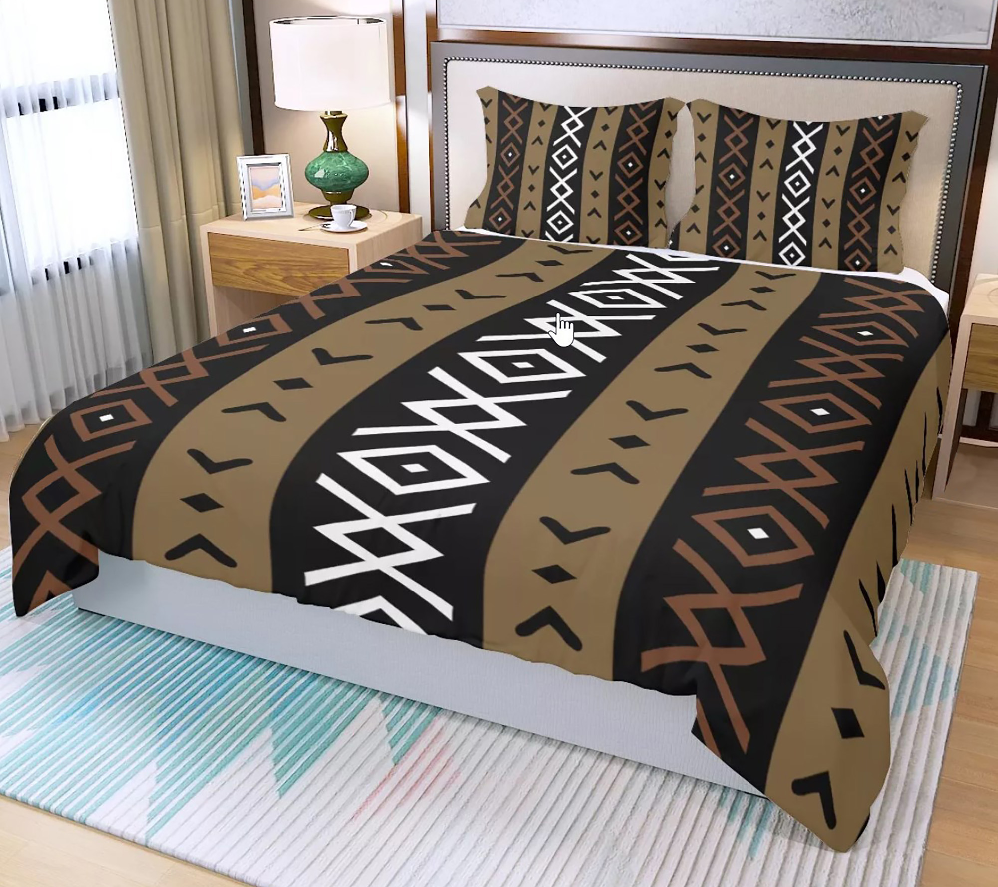 3 Piece Printed Mali Mud Cloth Inspired Duvet Cover and Pillow Cases - African Bogolan Design - Not Mud Cloth Material