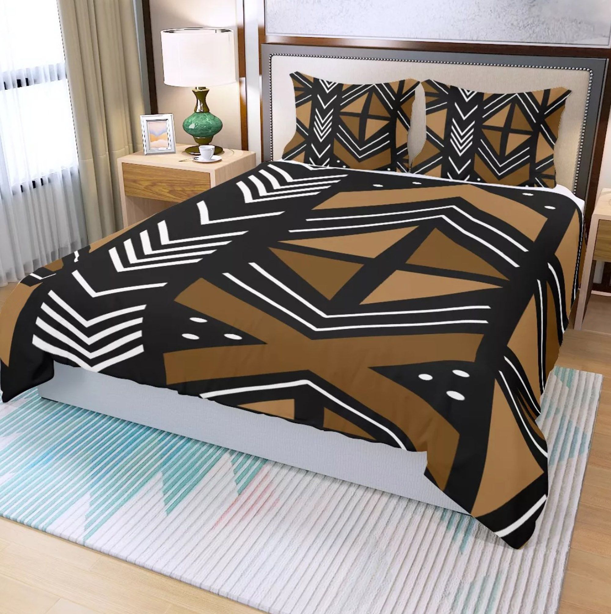 3 Piece Printed African Bogolan Mud Cloth Inspired Duvet Cover and Pillow Cases - Not Mud Cloth Material