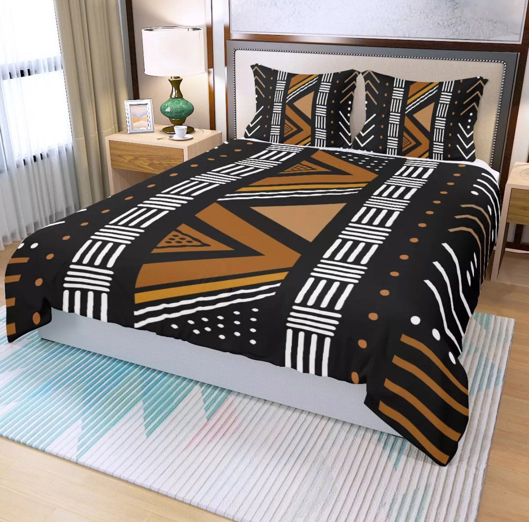 3 Piece Printed African Bogolan Mud Cloth Inspired Duvet Cover and Pillow Cases