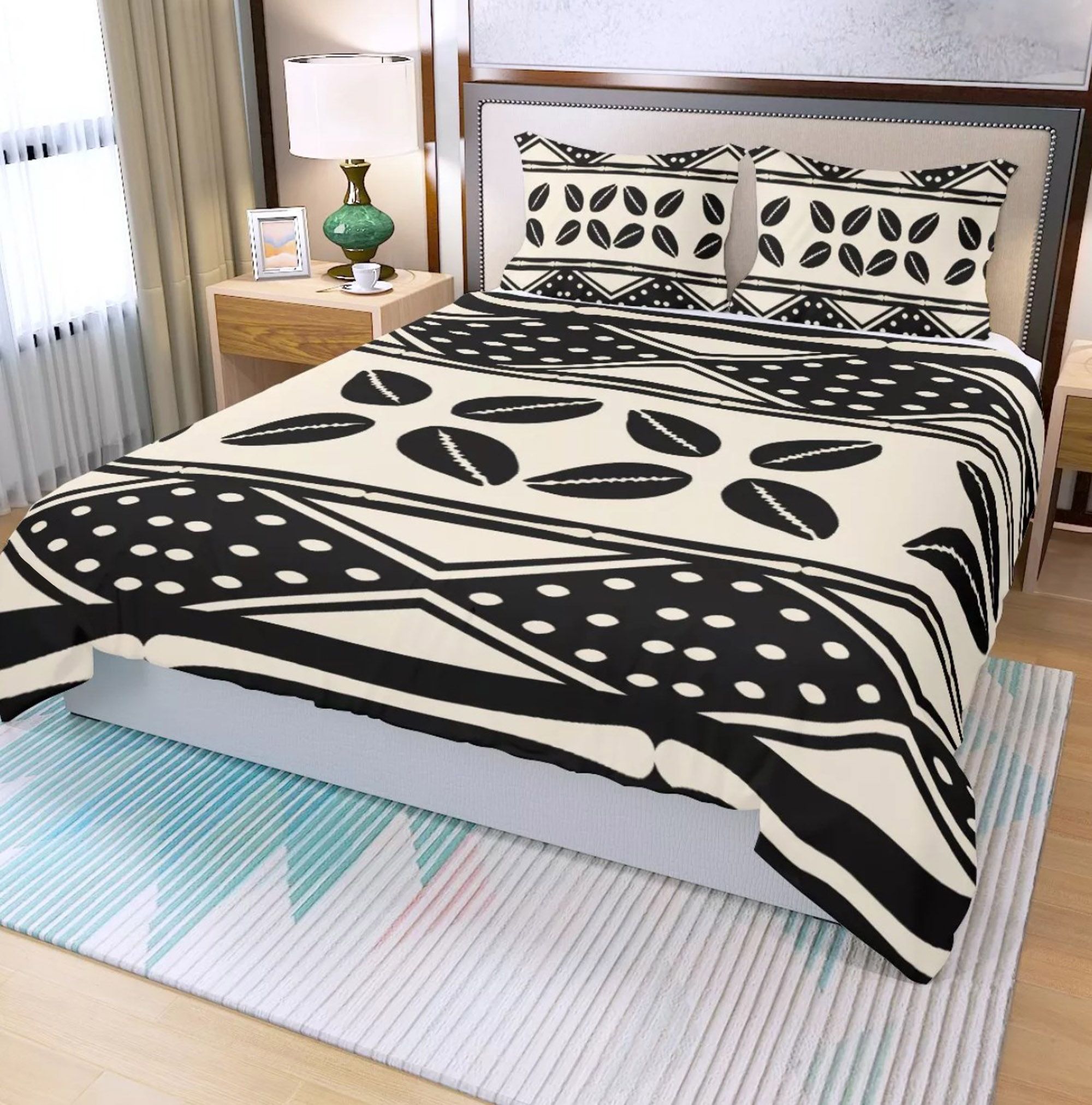 3 Piece Printed Off White African Bogolan Mud Cloth Inspired Duvet Cover and Pillow Cases - Not Mud Cloth Material