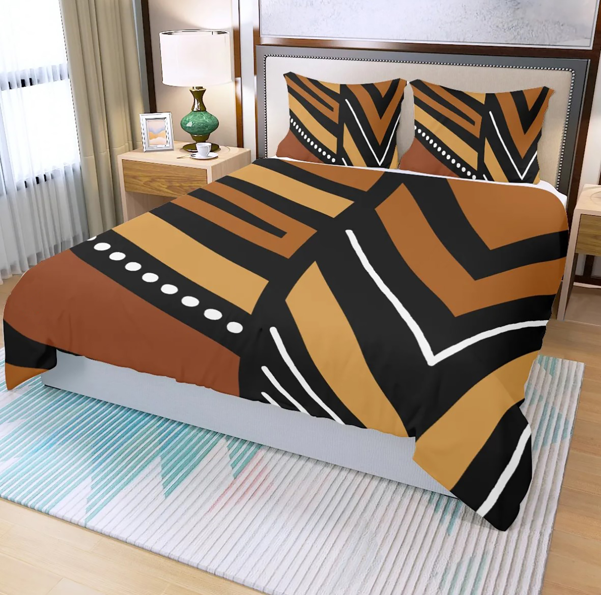 3 Piece Printed African Royal Bogolan Mud Cloth Inspired Duvet Cover and Pillow Cases - Not Mud Cloth Material