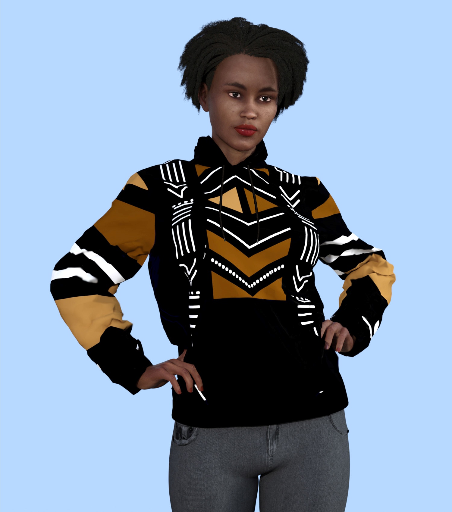 Women's Printed African Bogolan Style Pull Over Hoodie with Inner Fleece Layer - Not Mud Cloth Material